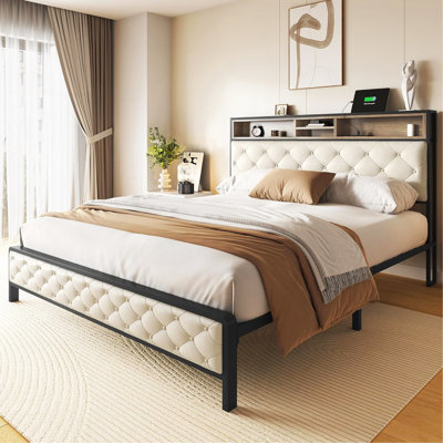 Queen Size Bed Frame, Platform Bed Frame With Charging Station, Upholstered Storage Headboard & Footboard Metal Slats Supports Mattress Foundation, No Box Spring Needed, Beige(No Drawers)