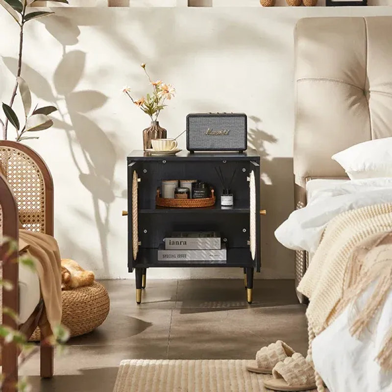 Lille 2 Door Rattan Bedside Cabinet, Black
