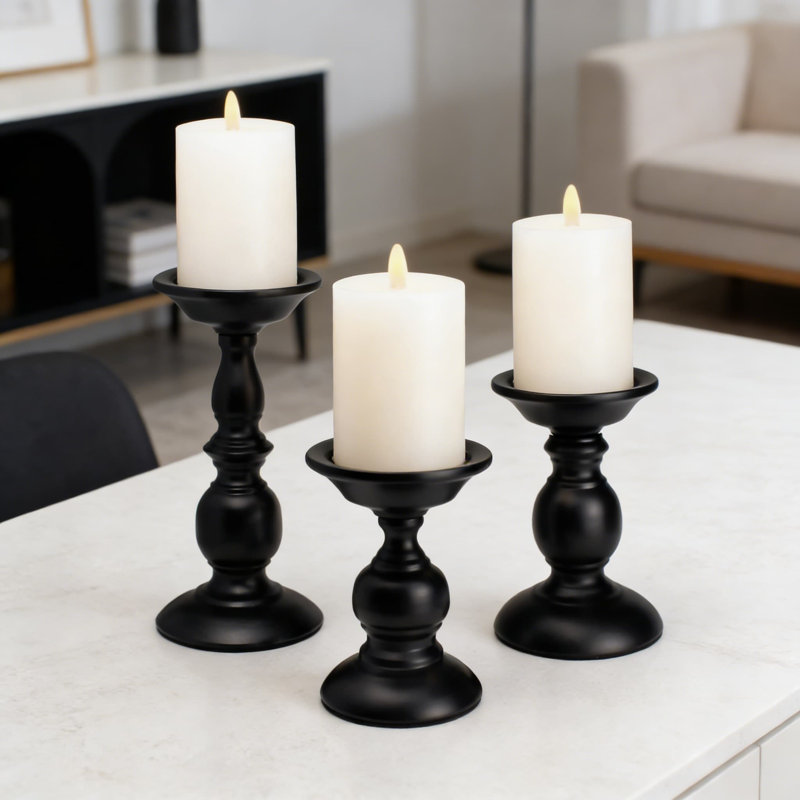 Vintage Black Pillar Candle Holders Set Of 3, Solid Iron Candle Stand For Table Centerpiece, Fireplace Mantel, And Home Decor