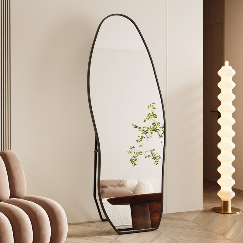 Irregular Full Length Mirror, 63"x24", Asymmetrical Black Aluminum Alloy Frame, Standing, Leaning or Wall Mounted for Bedroom, Living Room, Entryway