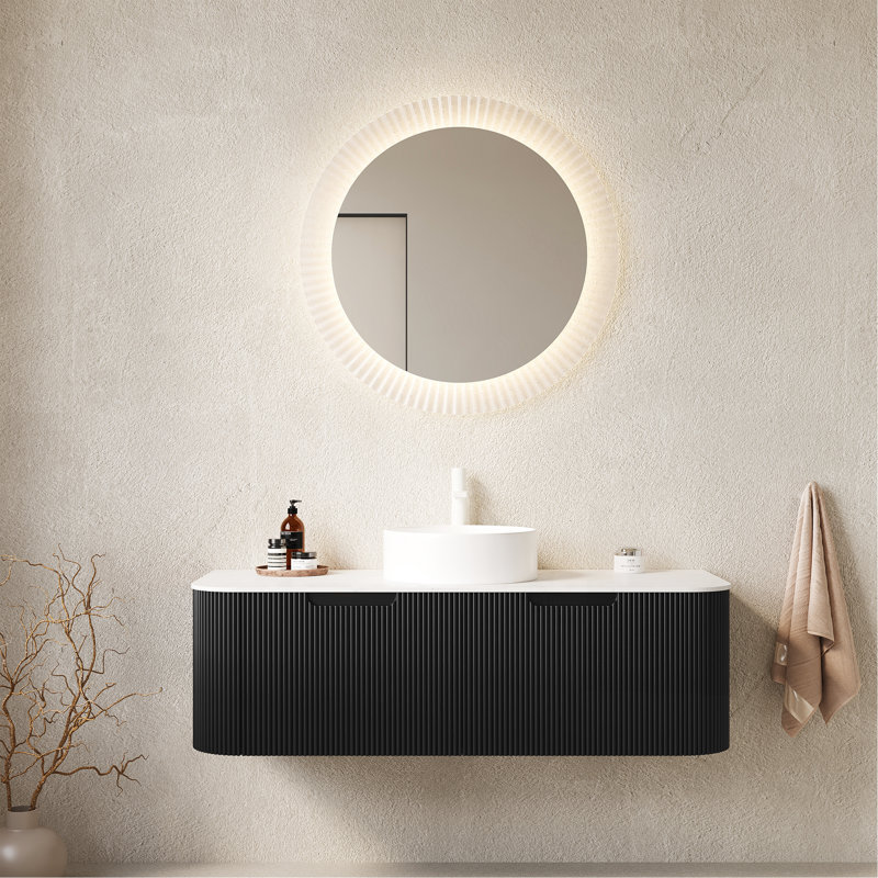 Meuble-lavabo 48 po avec lavabo, meuble de rangement mural rayé à bords arrondis avec 2 tiroirs, lavabo rond en céramique blanc, sans robinet, pré-assemblé, couleur noire