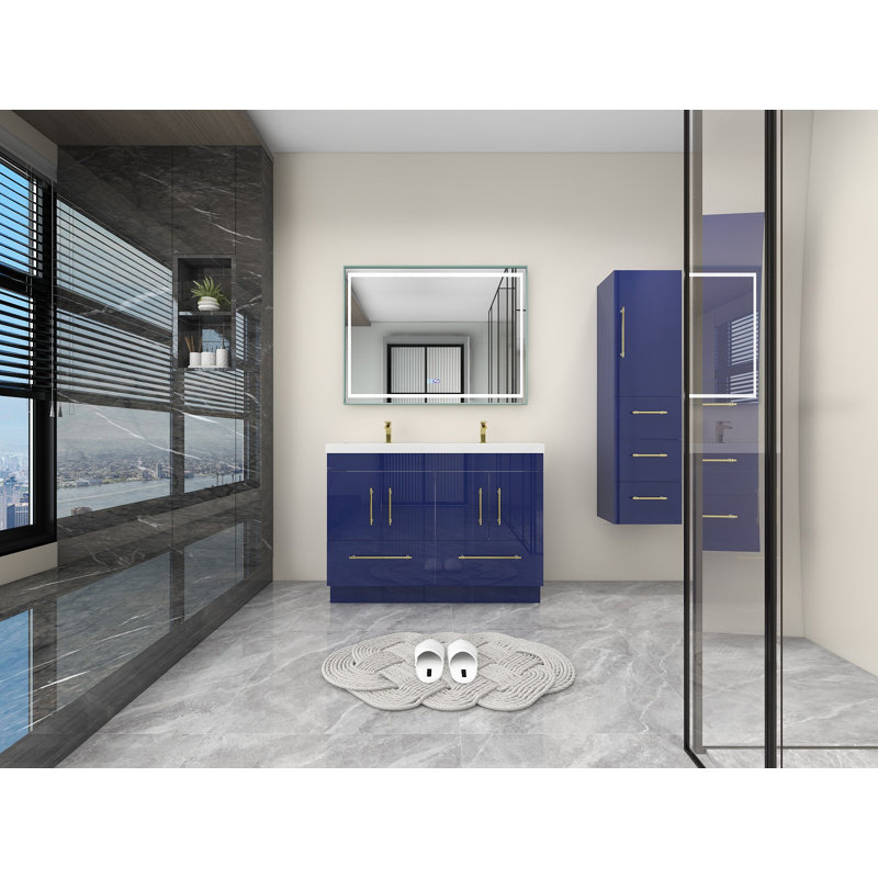 Meuble-lavabo double autoportant Kyng avec plateau en acrylique, Bleu lustré