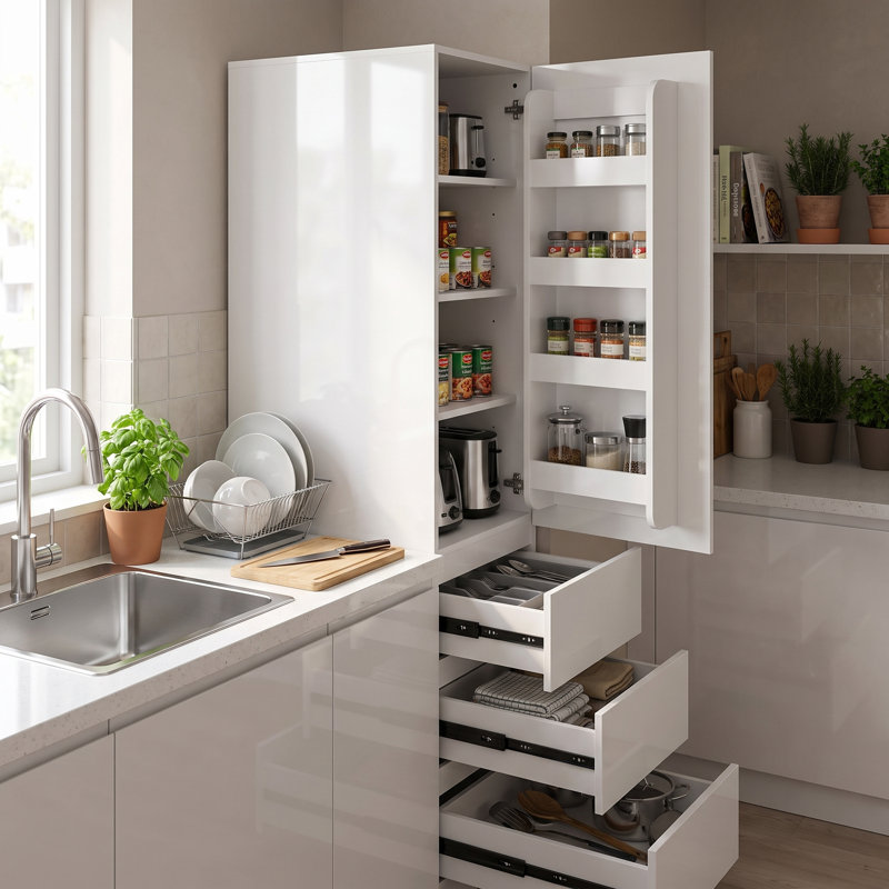 Grand garde-manger autoportant moderne avec 3 tablettes, 4 portes et 3 tiroirs pour la cuisine, la salle à manger ou le salon