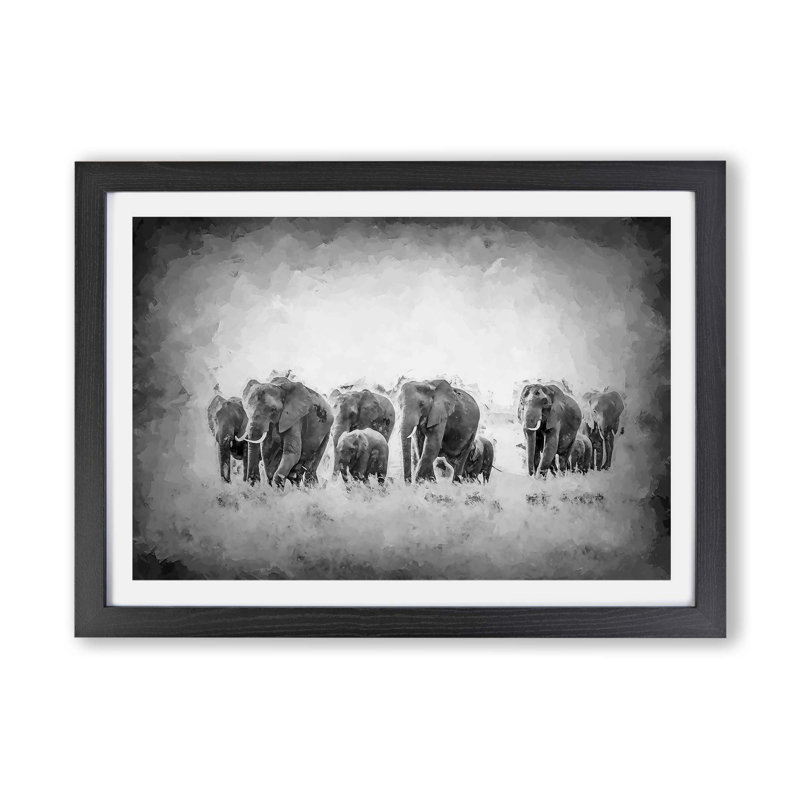Herd of Elephants Roaming - Framed Print, 45cm H x 63cm W x 2cm D, Black