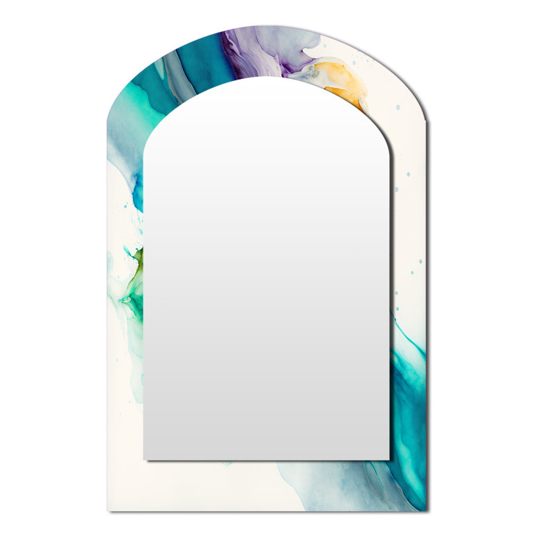 Tropical Turquoise Joyfulness III - Liquid Ink Asymmetrical Large Mirror, Modern Arch Decorative Wall Mirror, Printed Metal Art