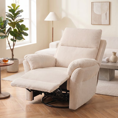 Fauteuil inclinable à bascule pivotant surdimensionné, fauteuils inclinables à bascule manuel avec dossier et repose-pieds réglables, fauteuil en velours côtelé pivotant à 360 ° pour le salon, la chambre à coucher et la chambre de bébé bleu / beige