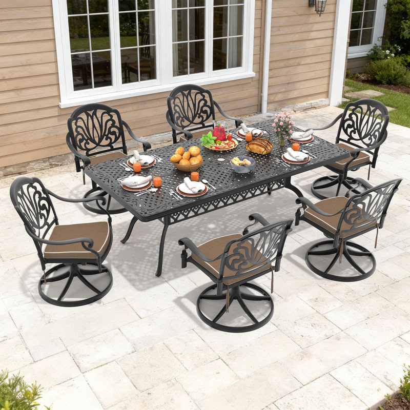 Ensemble de salle à manger 7 pièces en fonte d'aluminium pour patio, table rectangulaire de L 82,68 po avec trou pour parasol et 6 chaises pivotantes avec coussins bruns