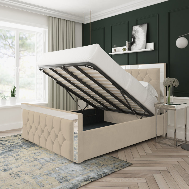 Sage Naples Velvet Upholstered Ottoman Bed Frame, Beige, Small Double (4')