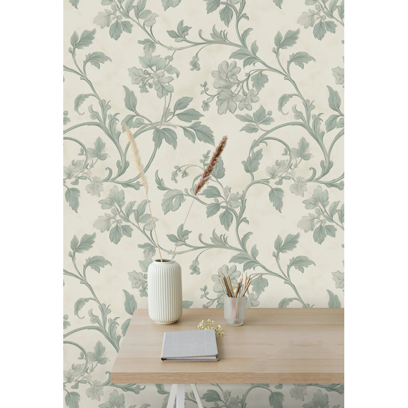 Elegant Sage Floral Scroll Wallpaper Vintage Botanical Pattern Classic Victorian Style Mural