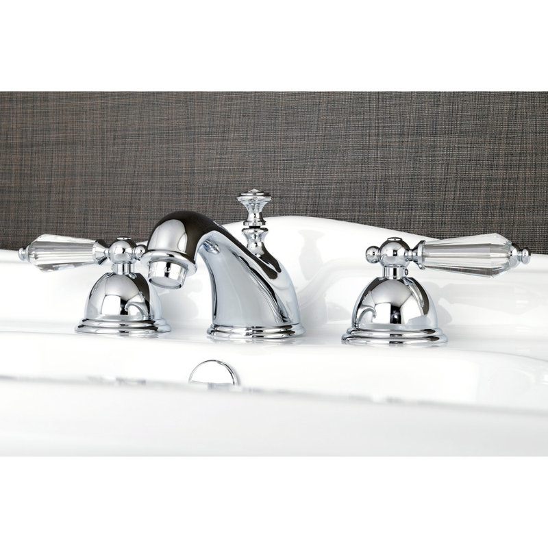 Kingston Brass Wilshire Two-Handle 3-Hole Deck Mount Widespread Bathroom Faucet with Brass Pop-Up Drain, Polished Chrome