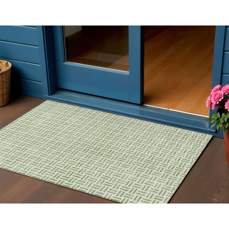 3' X 5' Sage And Ivory Geometric Washable Indoor Outdoor Area Rug