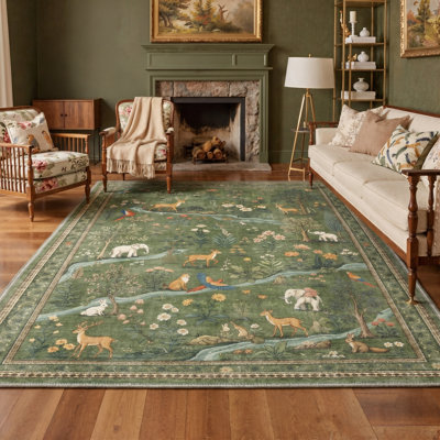 Forest Wildlife Botanical Machine Washable Green Area Rug, Cottagecore Woodland Animal Non-Slip Rug for Living Room Bedroom