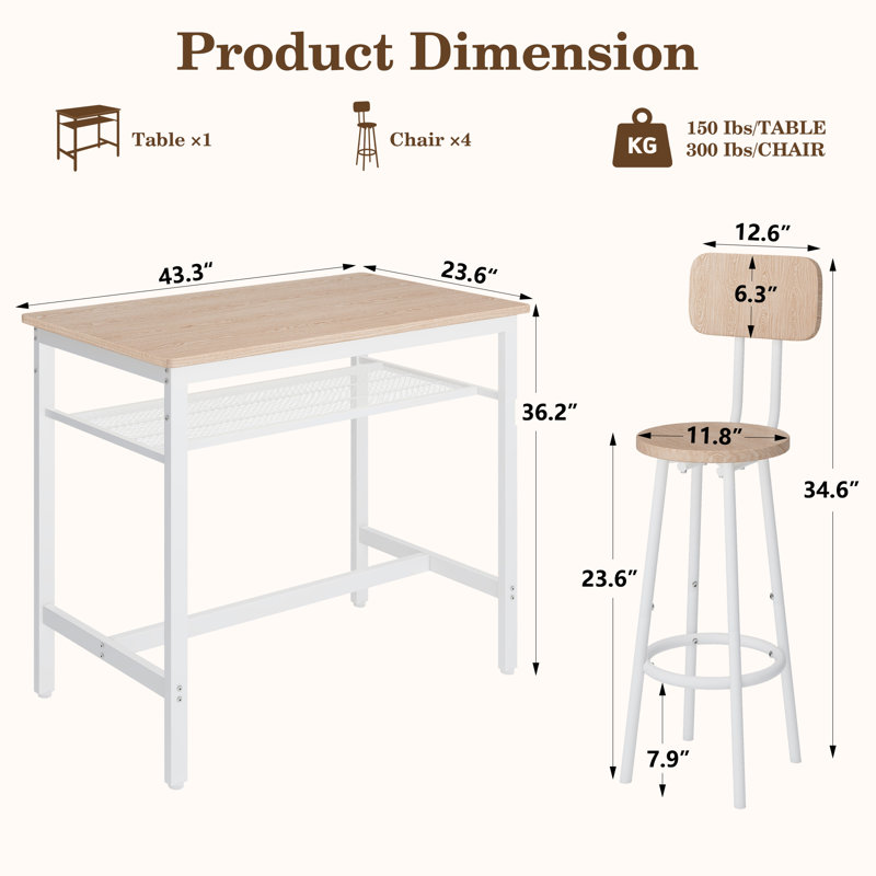 Lysle 5-Piece Industrial Bar Table Set with Metal Shelf, Dining Set, Counter Height Table & 4 Bar Stools, Natural Wood, White