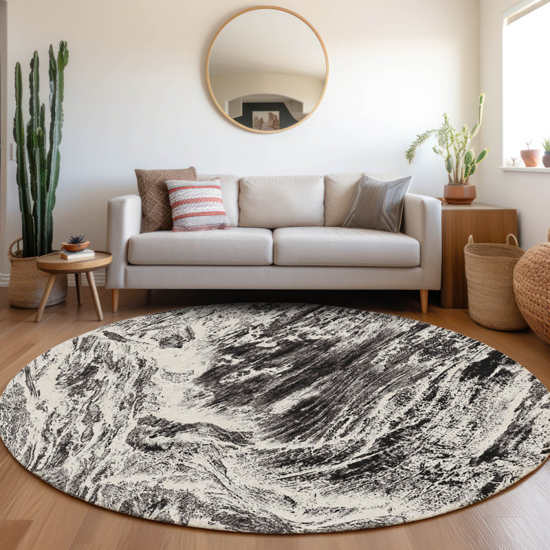 Premium Machine Washable Prisco Black Rug, Round 8'