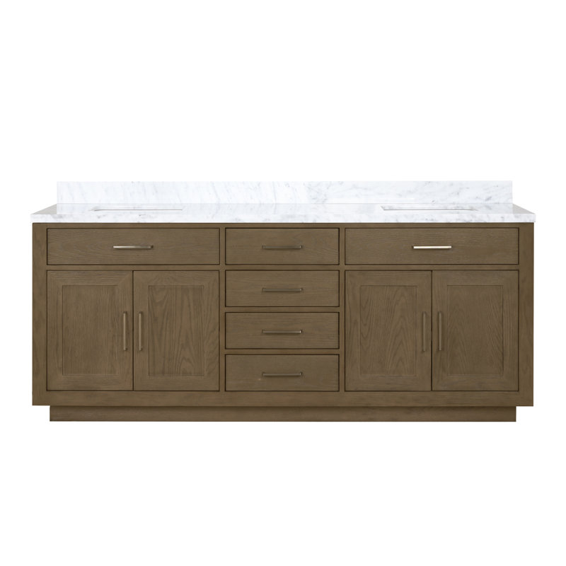 Ensemble de meuble-lavabo double 80 ", Chêne gris, Marbre de Carrare blanc