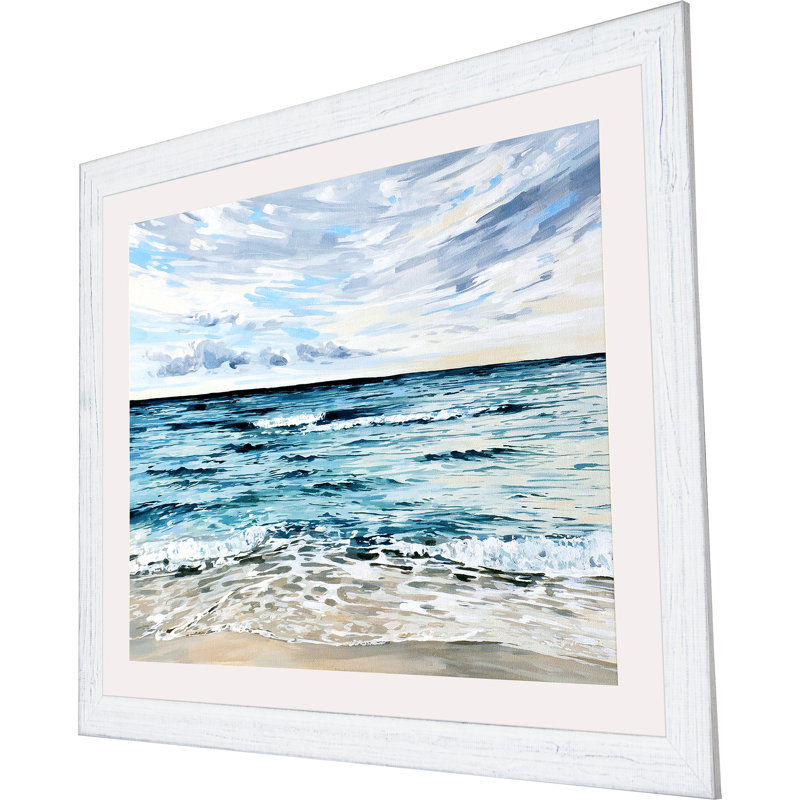 Whispy Clouds Coastal Oil Painting Print with Silver Frame