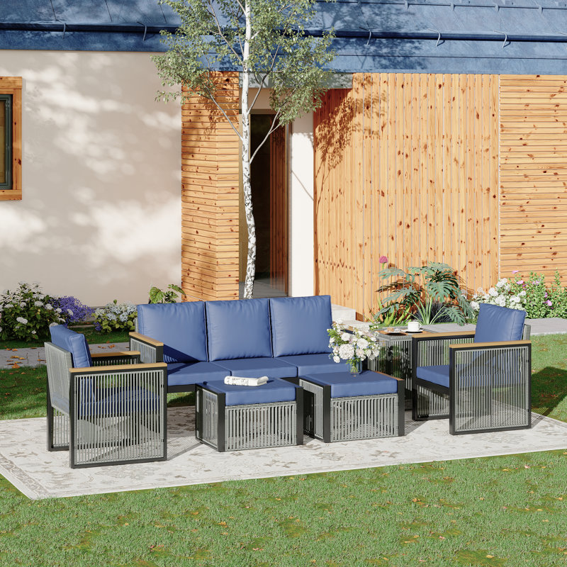 Canapé modulaire d'extérieur avec conversation 6 pièces avec repose-pieds et table basse 6 pièces, Bleu
