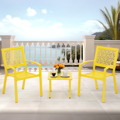 Outdoor Bistro Set 3 Piece Set - Comfortable Metal Patio Chairs And Small Table, Floral Back Design, Waterproof, Uv Resistant For Porch, Balcony, Garden, Backyard, Poolside