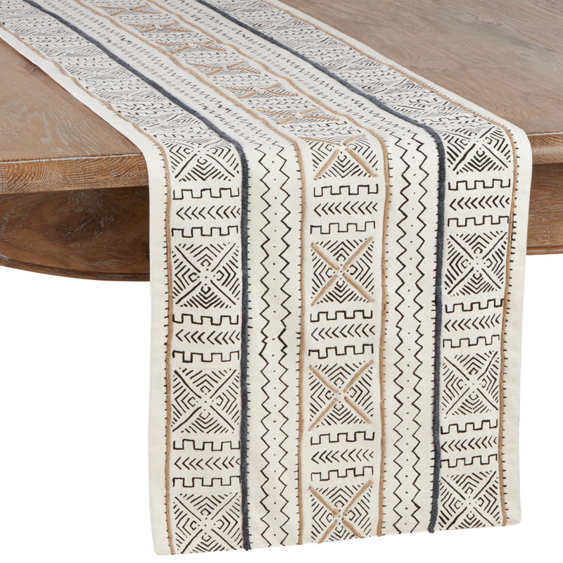 Chemin de table en coton Gillispie, L 90 po x l 16 po, Géométrique 1, Ivoire ivoire