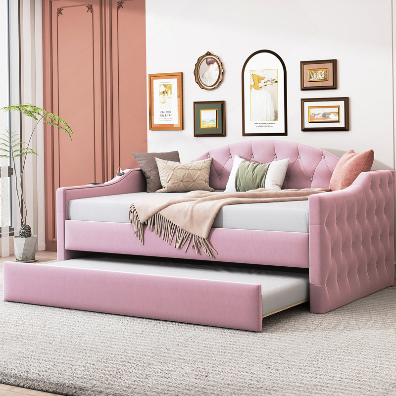 Tufted Upholstered Daybed with Trundle, USB and Type-C Charging Ports