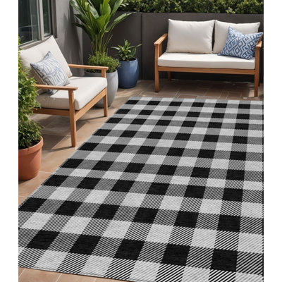 Tapis d'intérieur lavable à carreaux gris et ivoire 5 pi x 8 pi noir