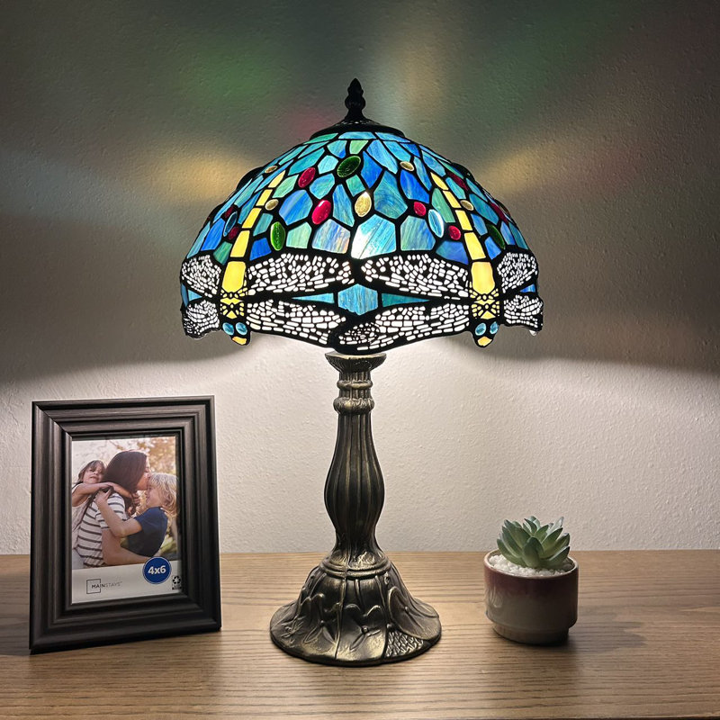 Davian Tiffany Style Table Lamp Dragonfly Stained Glass Zinc Alloy Base 19"H