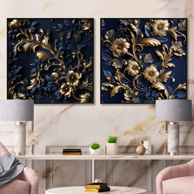 Motif victorien de cadres dorés bleu cobalt - ensemble de collage carré abstrait botaniques