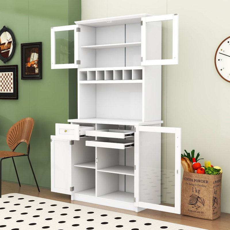 Élégant buffet avec rehausse - tablettes et porte-bouteilles, Blanc
