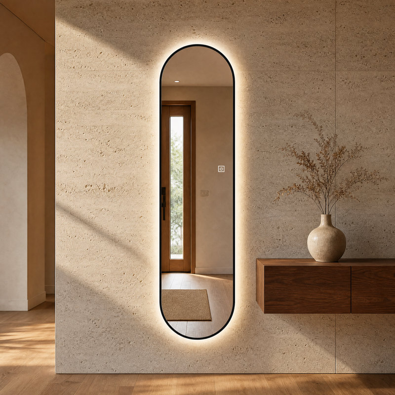 Miroir mural pleine longueur à DEL avec cadre noir et éclairage à intensité variable, montage vertical pour chambre, garde-robe ou entrée