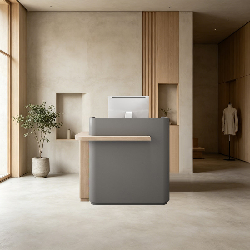 Bureau de réception et de réception peu encombrant avec rangement verrouillable sécuritaire et système de glissières silencieuses, bord en forme d'arc pour la sécurité, utilisation polyvalente dans les magasins, les cabinets ou les kiosques d'événements