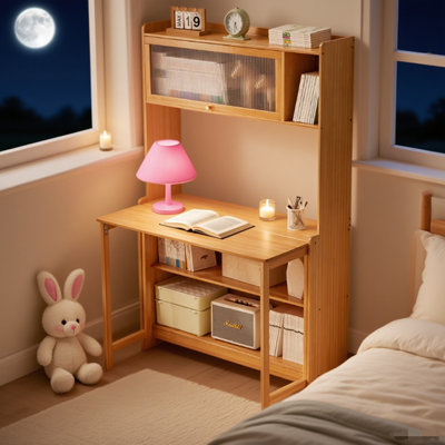 Bureau d'ordinateur pliant en bambou avec tablette de rangement - Table d'étude et de jeu multifonctionnelle