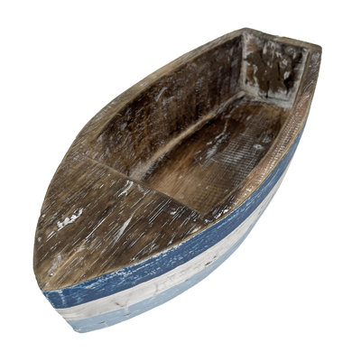 12 Inch Wooden Boat Tray – Nautical Decorative Centerpiece, Rustic Blue and White Coastal Bowl, Handcrafted Wood Planter, Beach House Table Decor, Lake Home Serving Tray, Entryway Organizer