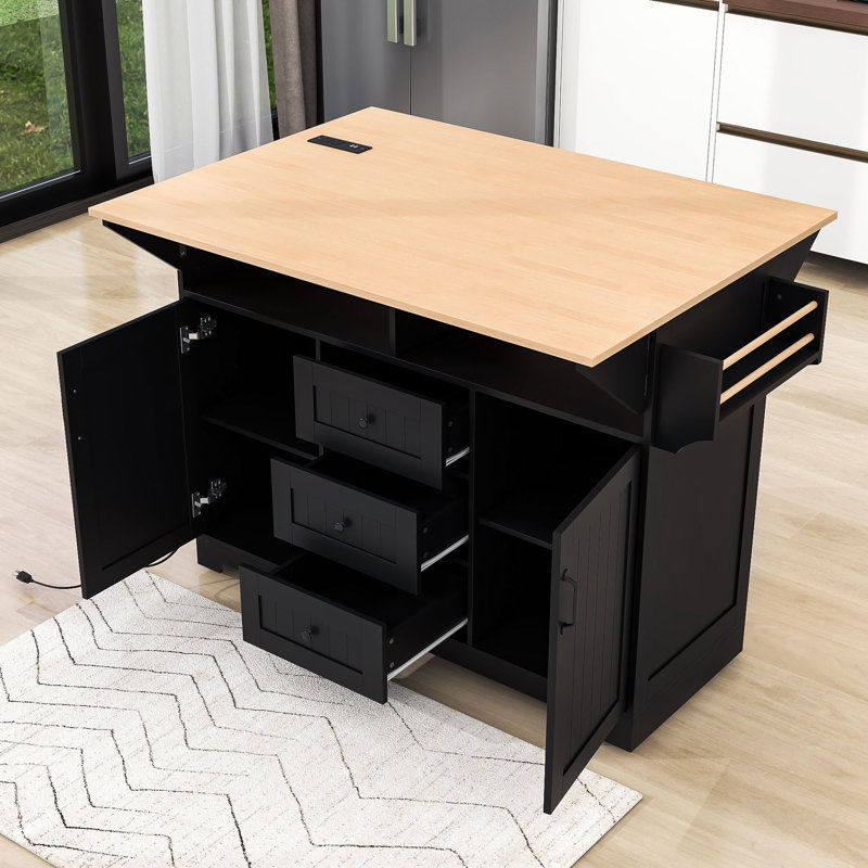 Chinita Versatile Dual Folding Kitchen Island Cart with Storage and Built-in Charging Station, Black