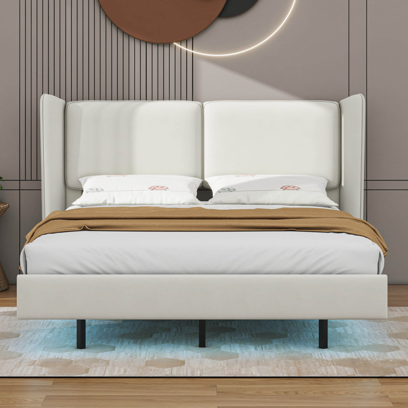 Lit tapissier unique en velours flottant avec dossiers légers et larges, Complète, Beige