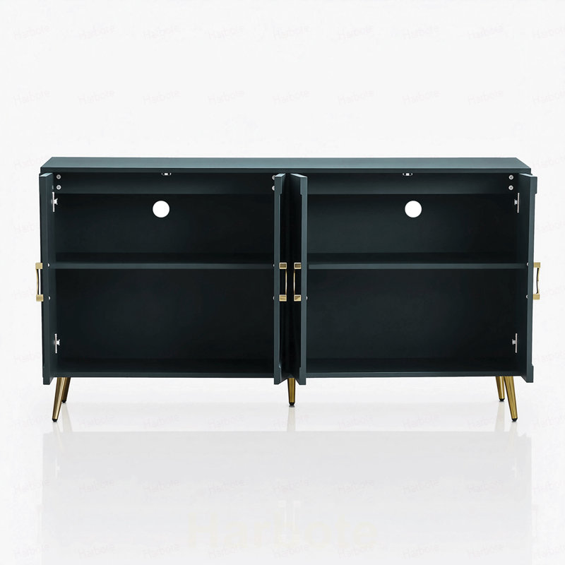 Buffet 60 po grain de bois, crédence de rangement ronde à 4 portes en relief, console de vestibule moderne avec poignées en métal doré