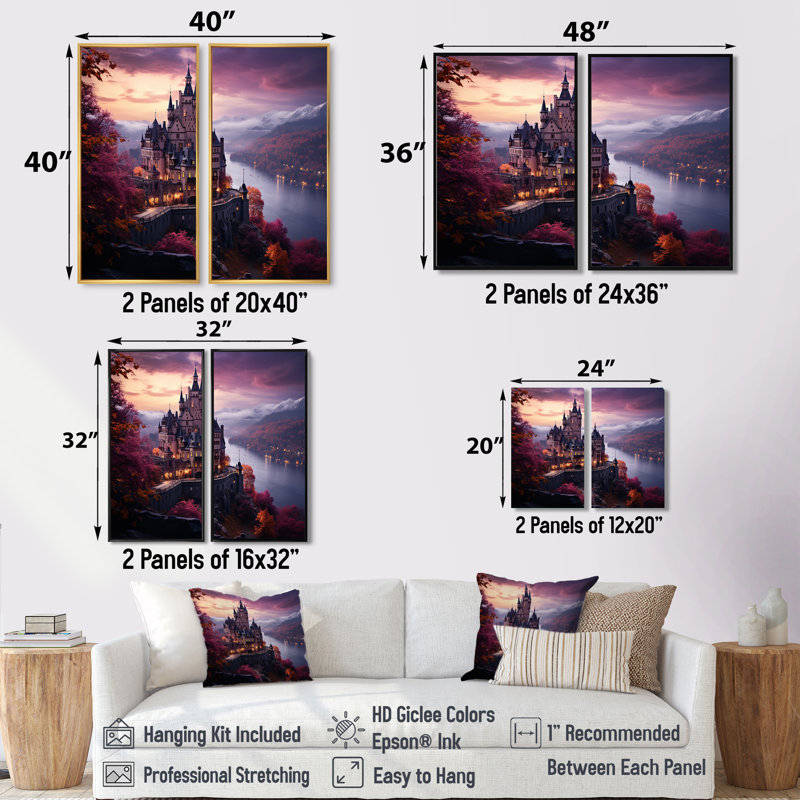 «Castles Enchanted Twilight III - Large Castles», art mural, H 36 po x l 48 po, Impression encadrée flottante, Noir