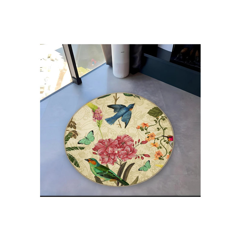 Multicolored Butterfly Bird Flower Detailed Woven Base Modern Decorative Carpet, Round 2'8"