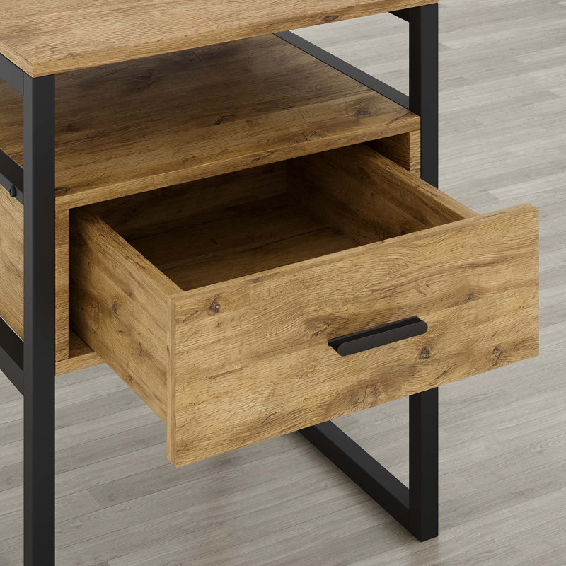 Tables de chevet industrielles en bois 1 tiroir avec cadre en fer (ensemble de 2), Naturel