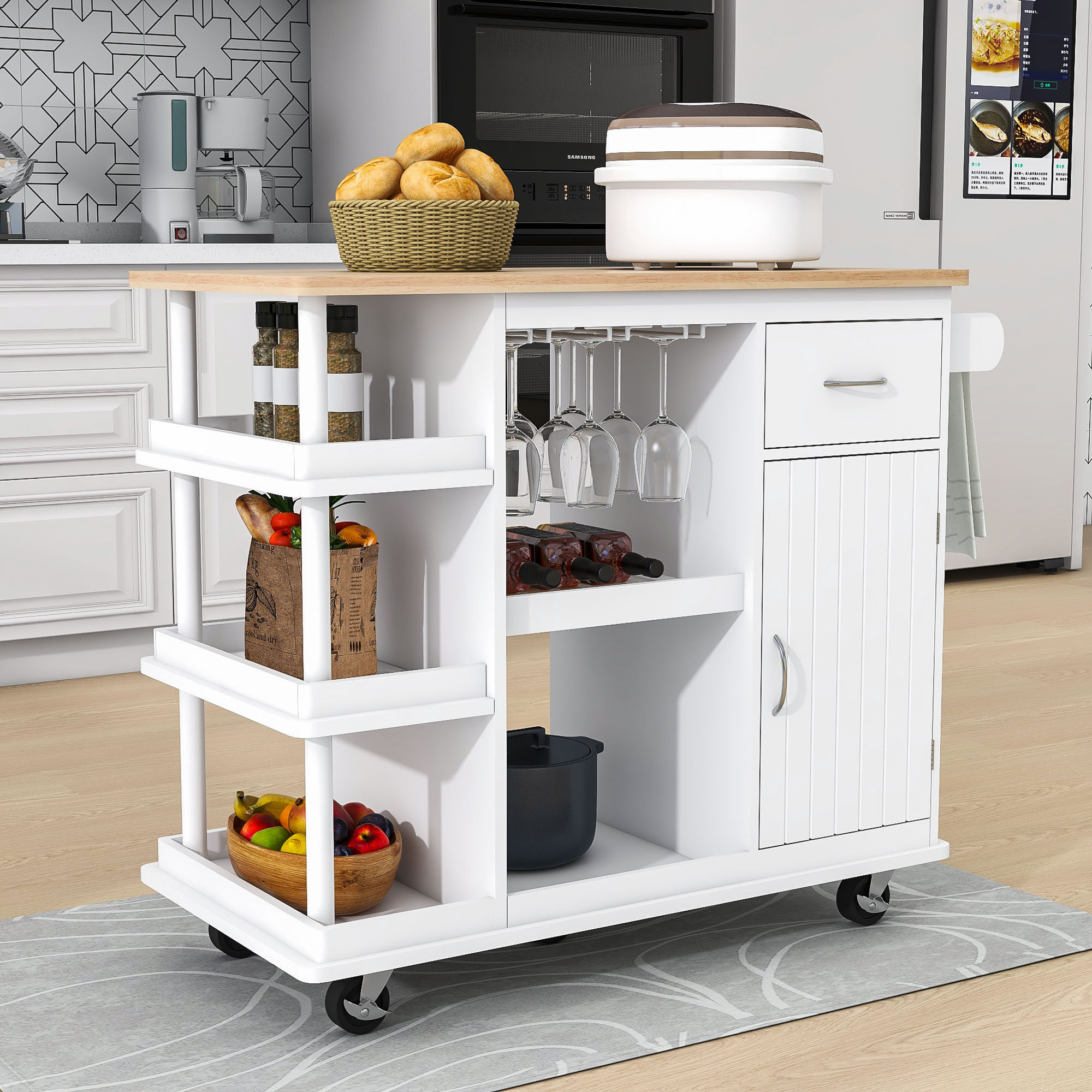 Charlton Home® Cleus Kitchen Storage Island with Wine Rack, Adjustable ...