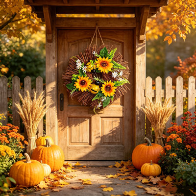 Couronne de tournesol artificielle rustique maison de ferme décorative, faite à la main, pour porte d'entrée fenêtre de mariage, pour toutes les saisons
