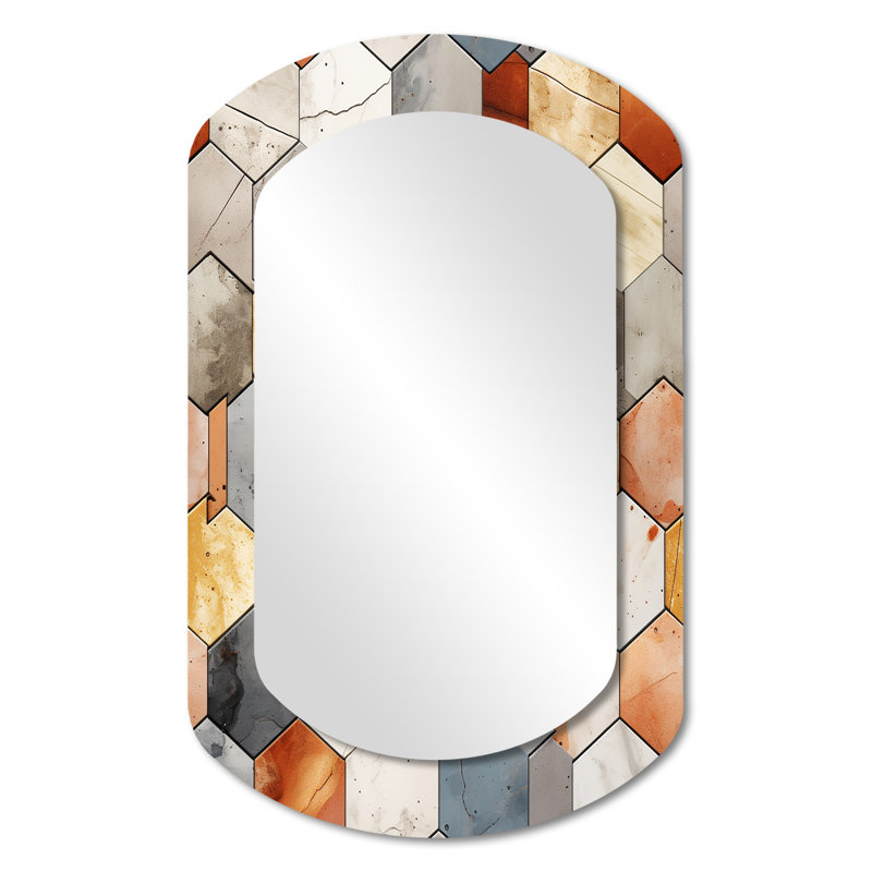 Motif rustique hexagonal Boho - grand miroir asymétrique géométrique, miroir mural décoratif cylindrique moderne, impression d'art en métal
