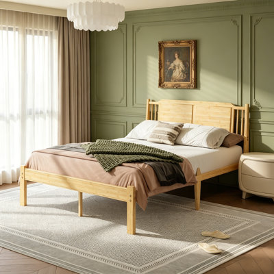 14 Inch Full Size Bed Frame, Solid Wood Platform Bed With Slatted Headboard & Slats Support, No Box Spring Needed, Easy Assembly, Natural