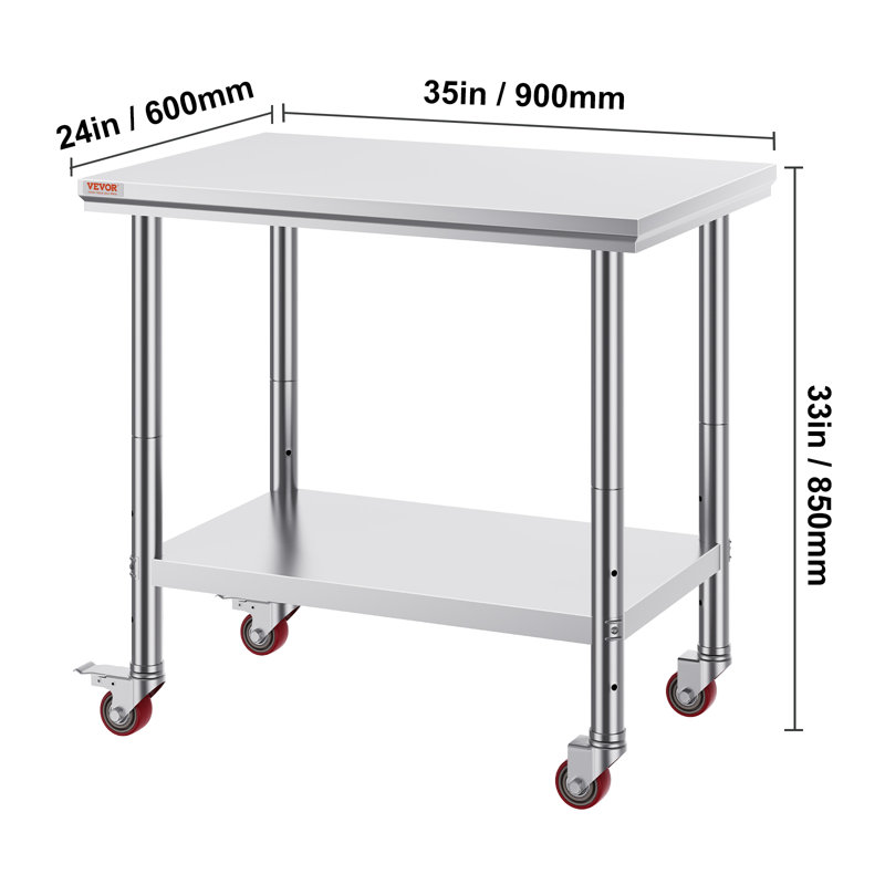 Table de travail en acier inoxydable 36 x 24 pouces avec 4 roues