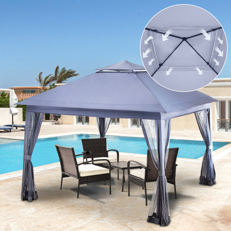 Dark Gray 11x11 Steel Patio Gazebo with Mesh Walls