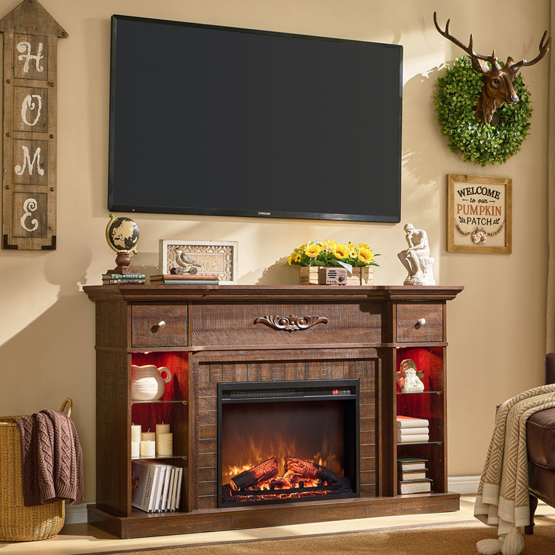 54.7" Electric Fireplace with Mantel, Fireplace TV Stand for 60 Inch TV with Storage, Brown