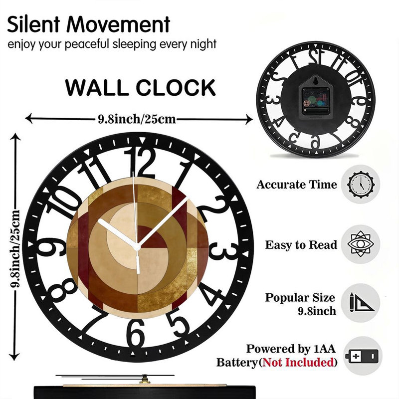 Horloge murale ronde en fer 10 po avec mouvement à quartz silencieux, chiffres arabes, impression UV, Rétro