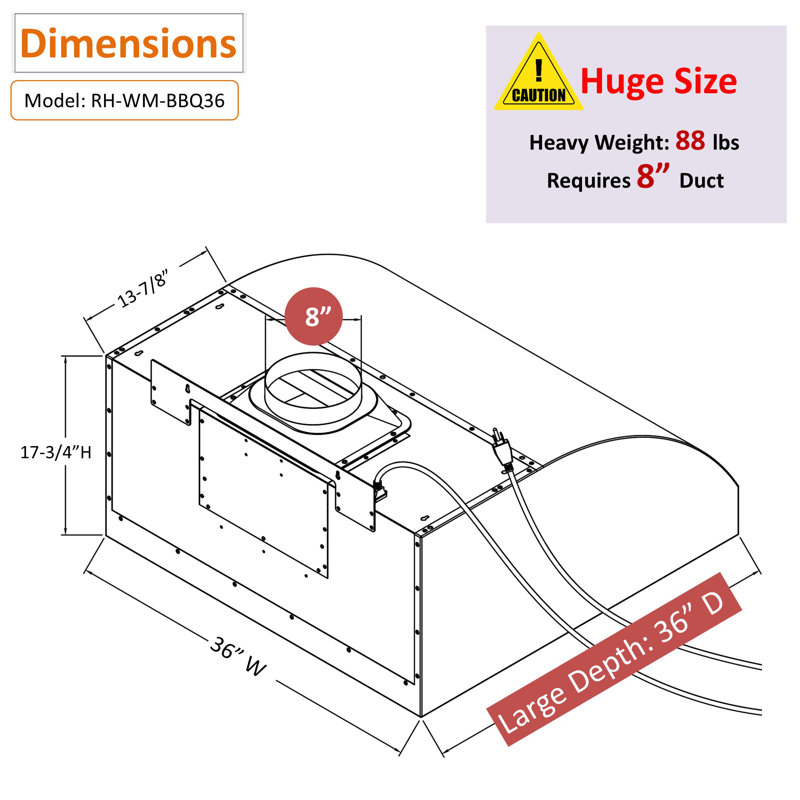 Awoco 36” Stainless Steel 1000 CFM Ducted (Vented) Wall Mount Range Hood