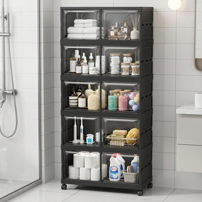 Adelaine All-in-One Foldable Storage Cabinet, 5 Tier 385QT Large Capacity Plastic Organizer Bins with Magnetic Doors and Wheels