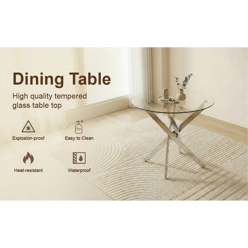 Table de salle à manger ronde, table de salle à manger en verre de 35,5 po avec pieds argentés, table de cuisine moderne pour la maison, salle à manger