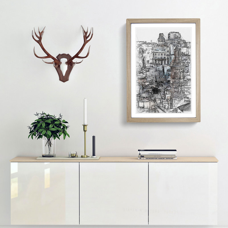 Valencia Skyline in Spain in Abstract - Picture Frame Graphic Art Print, 76cm H x 50cm W x 2cm D, Oak